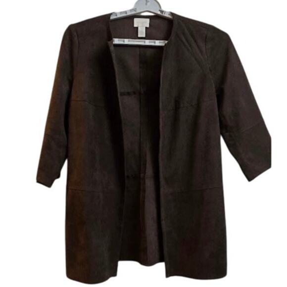 Chico’s Brown Faux Suede Open Front Jacket Women’s Size 1 Medium 3/4 Sleeve - Picture 1 of 7